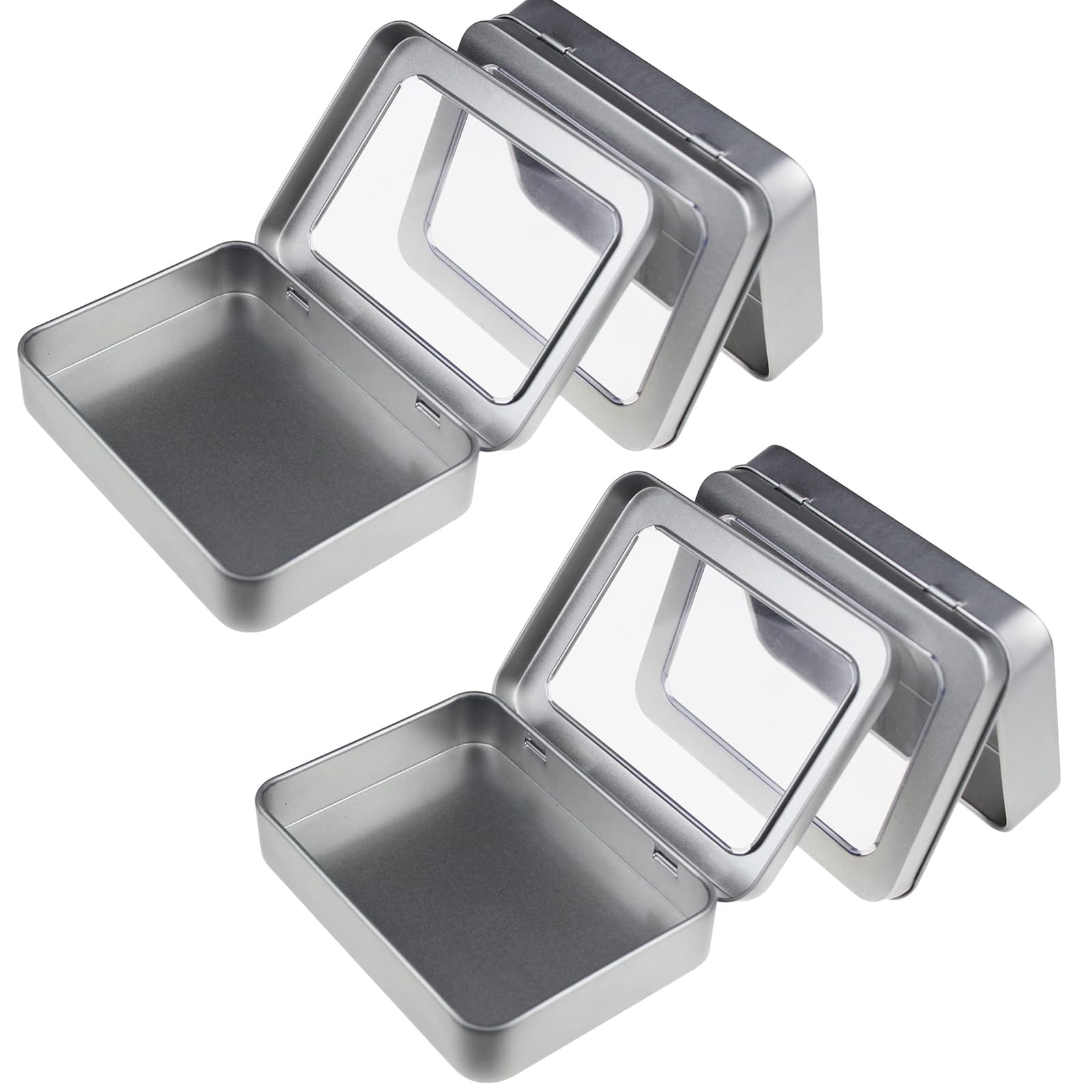 Metal Tins Small,4 pcs Empty Rectangular Hinged Tins Container with Clear Window Lids Mini Storage Containers Organizer Box for Candies Gifts Treasures Craft Silver 130*95*38mm