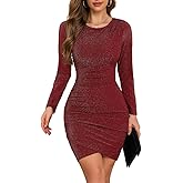 ihot Women's Glitter Party Dress Long Sleeve Crew Neck Faux Wrap Ruched Bodycon Sparkly Night Out Club Mini Dresses