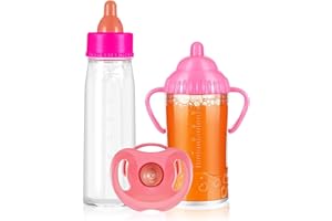 SCOM Magic Juice and Milk Nursing Bottle with Pacifier for Baby Doll Accessories, 3 Piece Pretend Play Feeding Toy Set for Age 4+ (Pink)