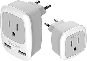 European Travel Plug Adapter, TESSAN Type C International Power Outlet with 2 USB, Come with Compact European Charger Adaptor, US to Most of Europe EU Israel Spain Iceland Germany France Italy
