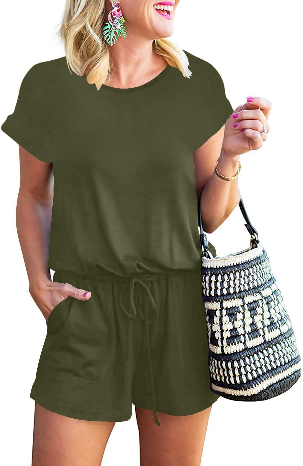 Photo 1 of ANRABESS Rompers for Women Summer 2025 Casual Dressy One Piece Tshirt Short Pants Jumpsuit Beach Vacation Outfit Clothes A233-lvse-M Army Green