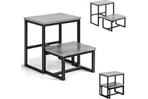 SEHERTIWY Wooden Step Stool for Adults, 2 Step Stool Holds up to 500Lb, 3 in1 Heavy Duty Step Stool with Metal Frame, Foot Stool for Kichen/Bathroom/High Beds（Grey）