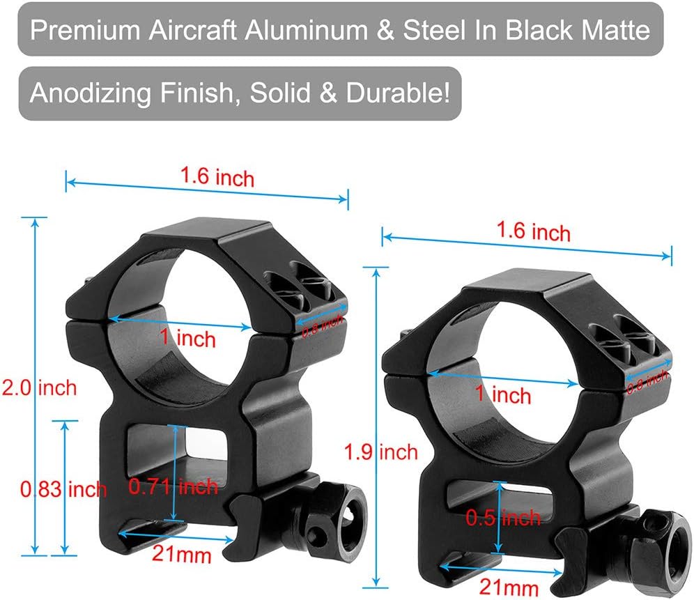 LONSEL 1'' Scope Rings, 2Pcs High Profile & 2Pcs Medium Profile 1 Inch Scope Mount Rings for Picatinny Rail - Pack of 4 : Sports & Outdoors