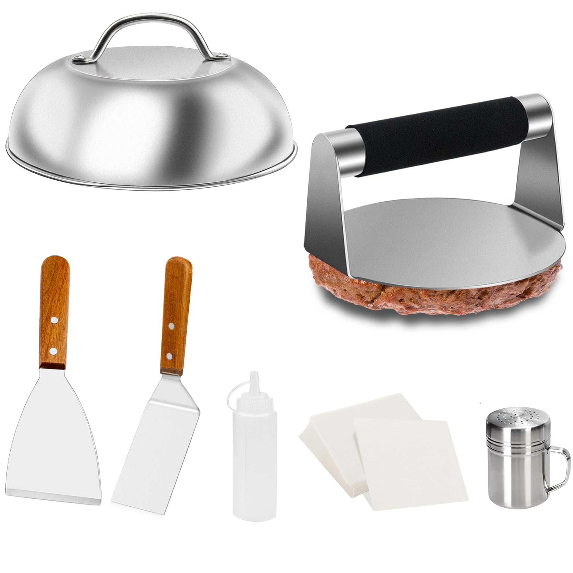 Smashed Burger Kit, Grill Spatula, Spice Dredge Shaker and Squeeze Bottle, Wax Patty Papers,Smashed Burger Set for BBQ Cooking, Beef Burger,Griddle Accessories Kit for Flat Top Griddle Grill Cooking