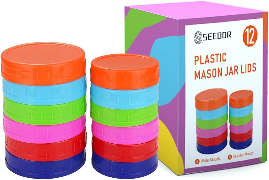 SEEOOR Plastic Mason Jar Lids, 12 Pack Leakproof Storage Lids, 6 Wide Mouth and 6 Regular Mouth for Ball or Kerr Glass Mason Jars