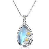 CRMAD Daisy/Black Cat/Dragonfly/Daffodil/Hummingbird/Stingray/Phoenix Feather/Rose Necklace Sterling Silver Moonstone Teardrop Pendant Necklace Flower Animal Jewelry Gifts for Women