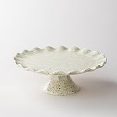 YHOJOY Ceramic Cake Stand, Small Cake Plate for 8 Inch Cake, Speckled White | Vintage Cake Pedestal Stand with Ruffle Trim for Bitrhday, Wedding, Cupcake Stand for Dessert Table Display