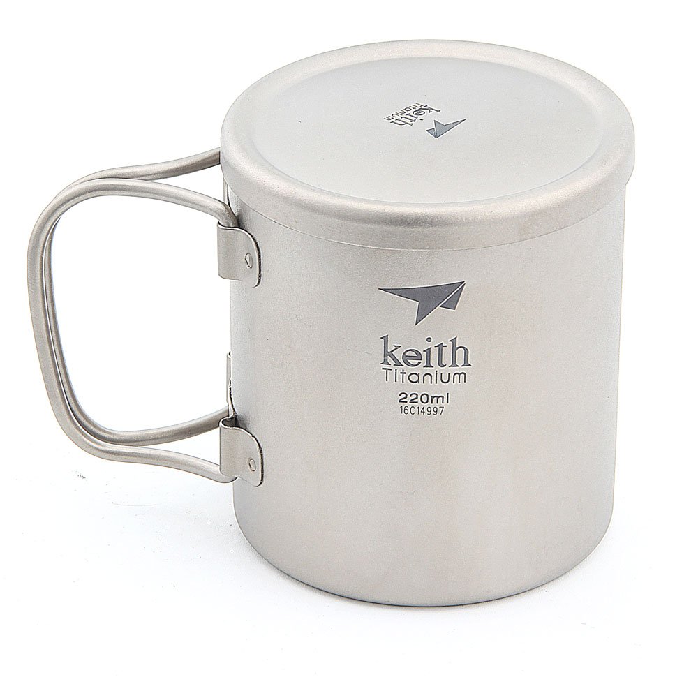 Keith 220ml-600ml Double Wall Titanium Insulated Mug With Titanium Lid Water Mugs Folding Handle Outdoor Camping Travel Tableware Utensils (Ti3351-220ml)