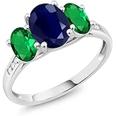 Gem Stone King 10K White Gold Blue Sapphire Green Nano Emerald and White Diamond Oval 3-Stone Engagement Ring For Women (2.59 Cttw, Gemstone September Birthstone)