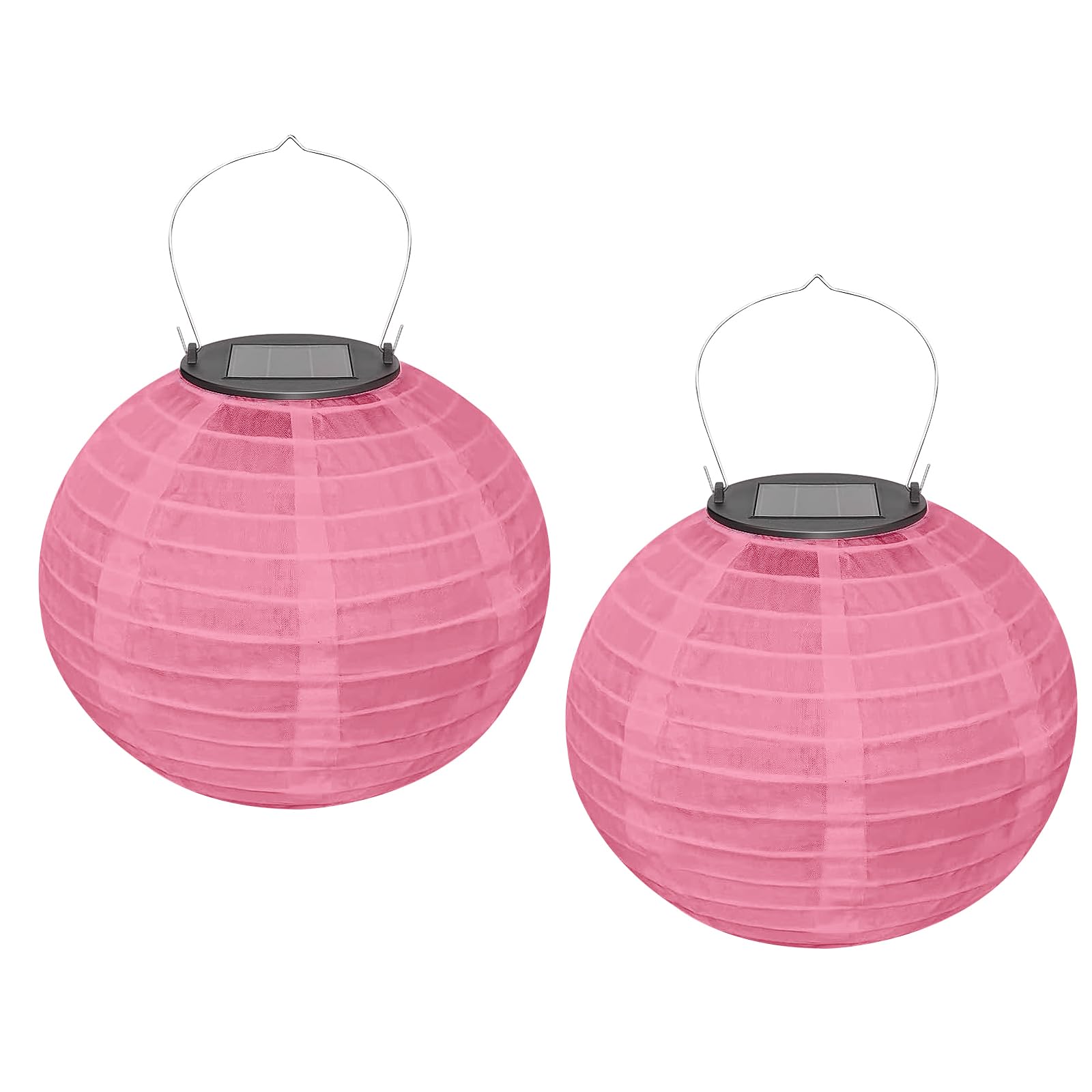 Ledeak 2 Pcs Solar Lantern, Round Ceiling Polyester Light Shade Lantern with Solar Rechargeable LED Lights, 20 cm Chinese Oriental Style Lamp Shade Lantern for Outdoor Garden Festival Decor (Pink)