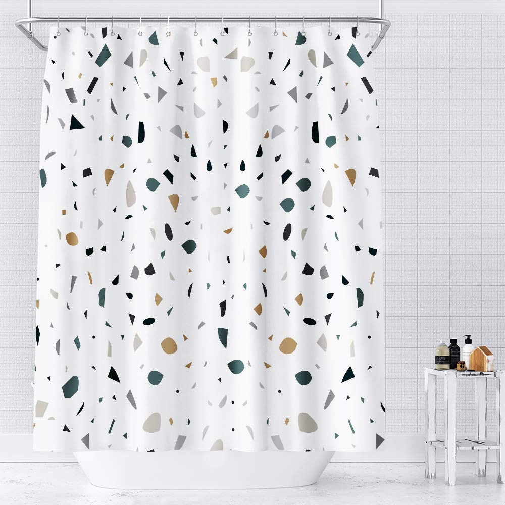 AceList Shower Curtain 180x200 cm (1-Pack), White Terrazzo Geometric Pattern, Anti-Mould & Waterproof Bathroom Curtain, Weighted Hem with 12 Plastic Hooks, Machine Washable Fabric Bath Screen