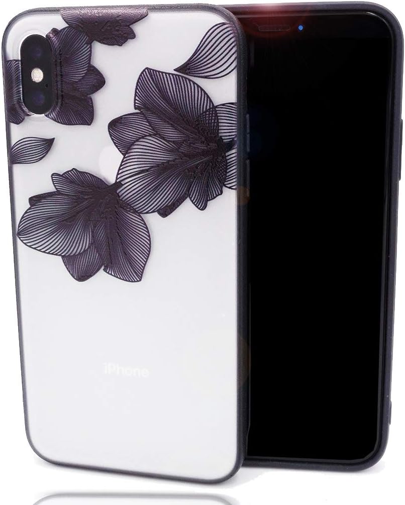 iPhone X Case, Tropical Flower Printed Slim Fit Lace Case for Girls Soft Bumper Shockproof Palm Tree Hard Matte Clear Back Cover Totem Henna Design for iPhone X XS iPhone 10,Floral Black Lotus Leaves