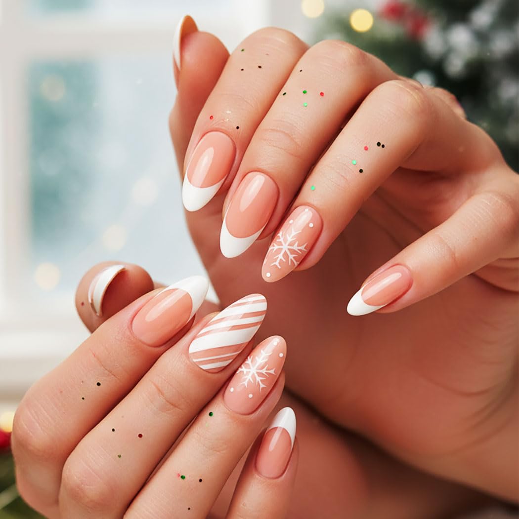 Handcess Christmas Oval False Nails White Short French Press on Nails Glossy Snowflake Acrylic Fake Nails Stick on Nail 24Pcs for Women