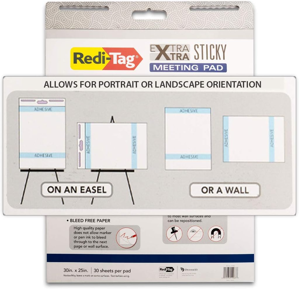 Redi-Tag Extra Xtra Easel Meeting Pad, Sticky Wall Pad/Easel Pad, Hang Vertical or Horizontal, White, 25" x 30", 30 Sheets/Pad, 2-Pack (10063) : Office Products