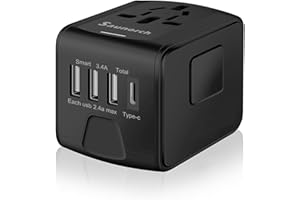 SAUNORCH Universal International Travel Power Adapter W/High Speed 2.4A USB, 3.0A Type-C Wall Charger, European Adapter, Worldwide AC Outlet Plugs Adapters for Europe, UK, US, AU, Asia-Black