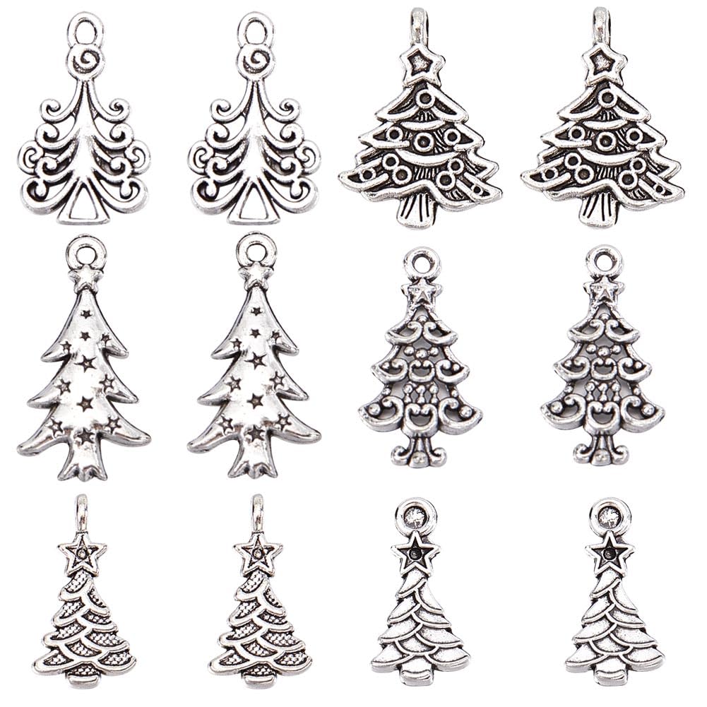 SUNNYCLUE 1 Box 120Pcs 6 Style Christmas Tree Charms Christmas Charms Bulk Tibet Style Alloy Xmas Tree Winter for jewellery Making DIY Earrings Necklace Craft Antique Silver