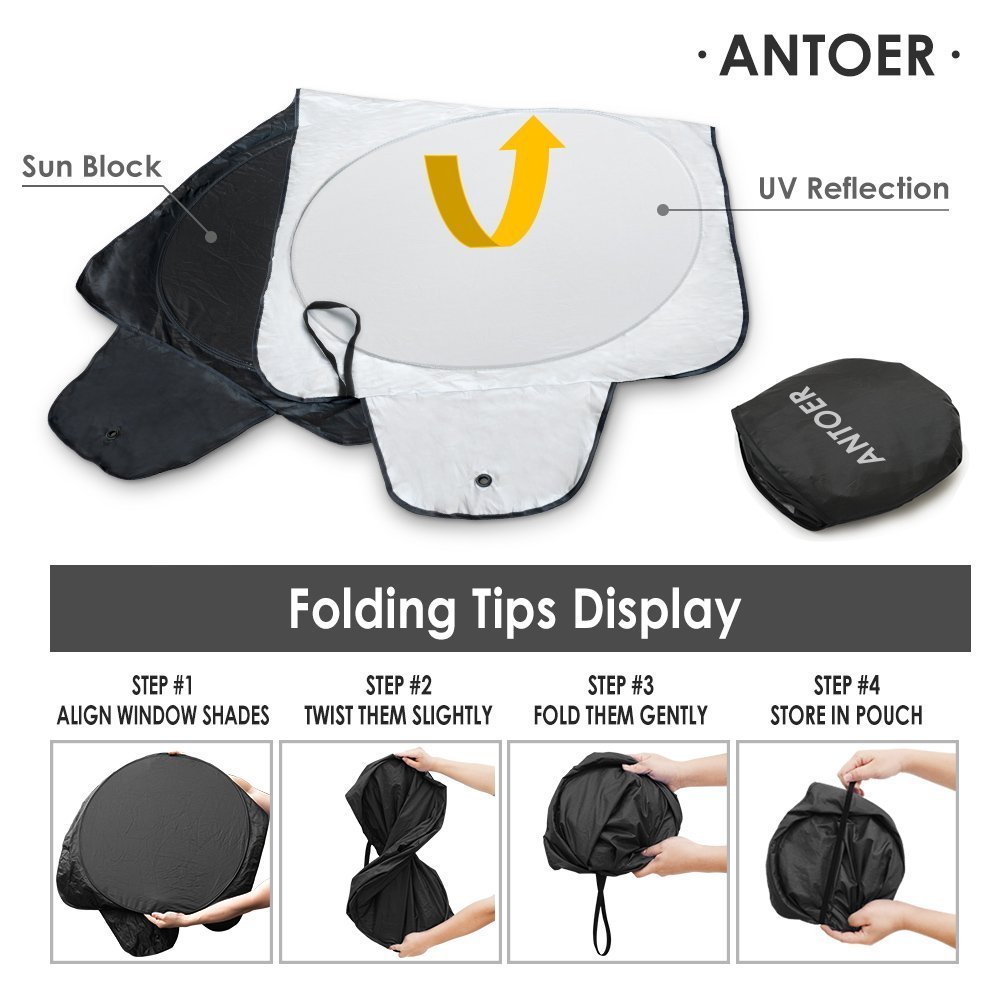 Windshield Sun Shade With 2 Ears For Maximum UV And Sun Protection -Foldable Sunshade For Car Windshield Will Keep Your Car Cooler- Easy To Use Windshield Sunshade 63\'\'x33.9\'\'