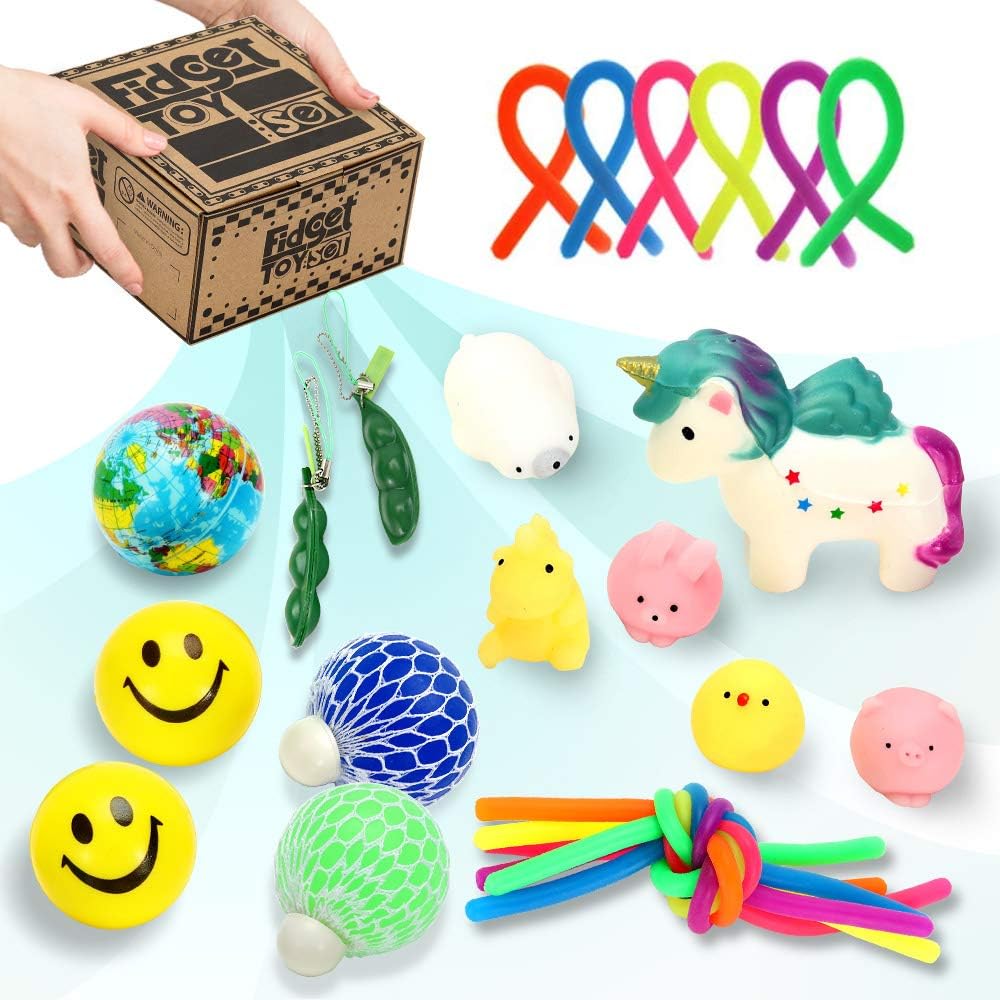 LESONG Sensory Fidget Toys Set 19 Pcs, with Stress Ball, Stretchy String, Soybean Squeeze & Mini Mesh Animals for Kids and Adults with Anxiety Relief, Autism & ADHD