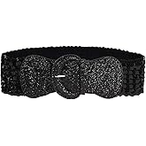 COTIM COYIN Womens Sequin Wide Buckle Stretchy Belt, Sparkly Glitter Vintage Elastic Belts for Dress Stretchy Waistband