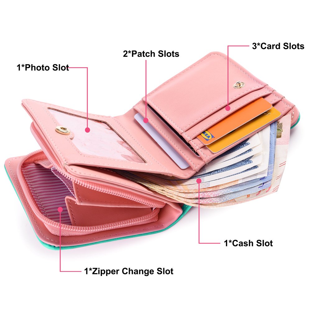 Vbiger Geldbörse Mädchen Kleine Geldbeutel Portemonnaie Damen Niedliche Katzen Muster Geldbörse für Kinder Wasser grün