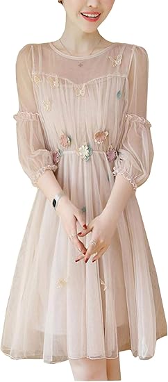 Amazon Co Jp Beibang バイバン レディース ワンピース 7分袖 チュール ロングワンピース ２点セット 膝丈 花柄 フレア ワンピース ファッション 着痩せ Aラインワンピース きれいめ ドレス 服 ファッション小物