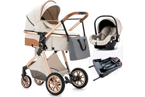 Zkiprm Baby Stroller, Portable Infant Stroller, One-Click Folding, Combination Stroller High Landscape Reversible Foldable Stroller Newborn Pram Aluminum Frame (Off White)