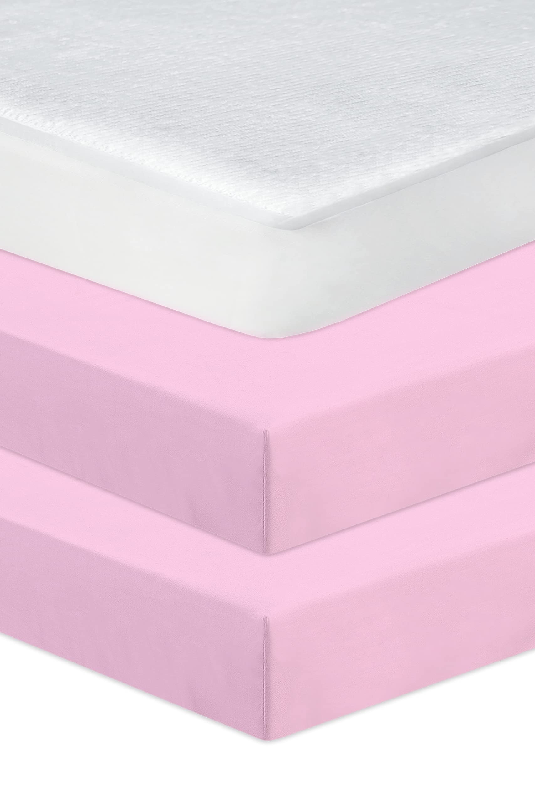 Hajran Linen 3 Pcs Soft & Cozy Next to Me Crib Fitted Sheets - 100% Pure Cotton 2x Fitted Sheets + 1x Waterproof Mattress Protector - Premium Quality High Thread Count (83-85 x 50-51 cm, Pink) — image 1