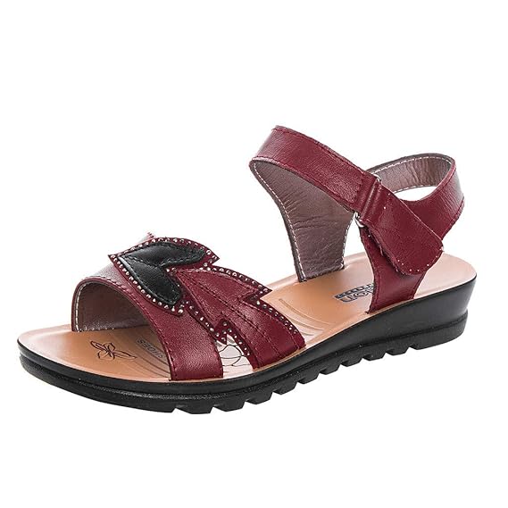 LILIHOT Damen Strand Sandalen Leder weichen Boden Anti-Rutsch-Sandalen und Hausschuhe Sommer Dicke Mutter Schuhe Casual Flach