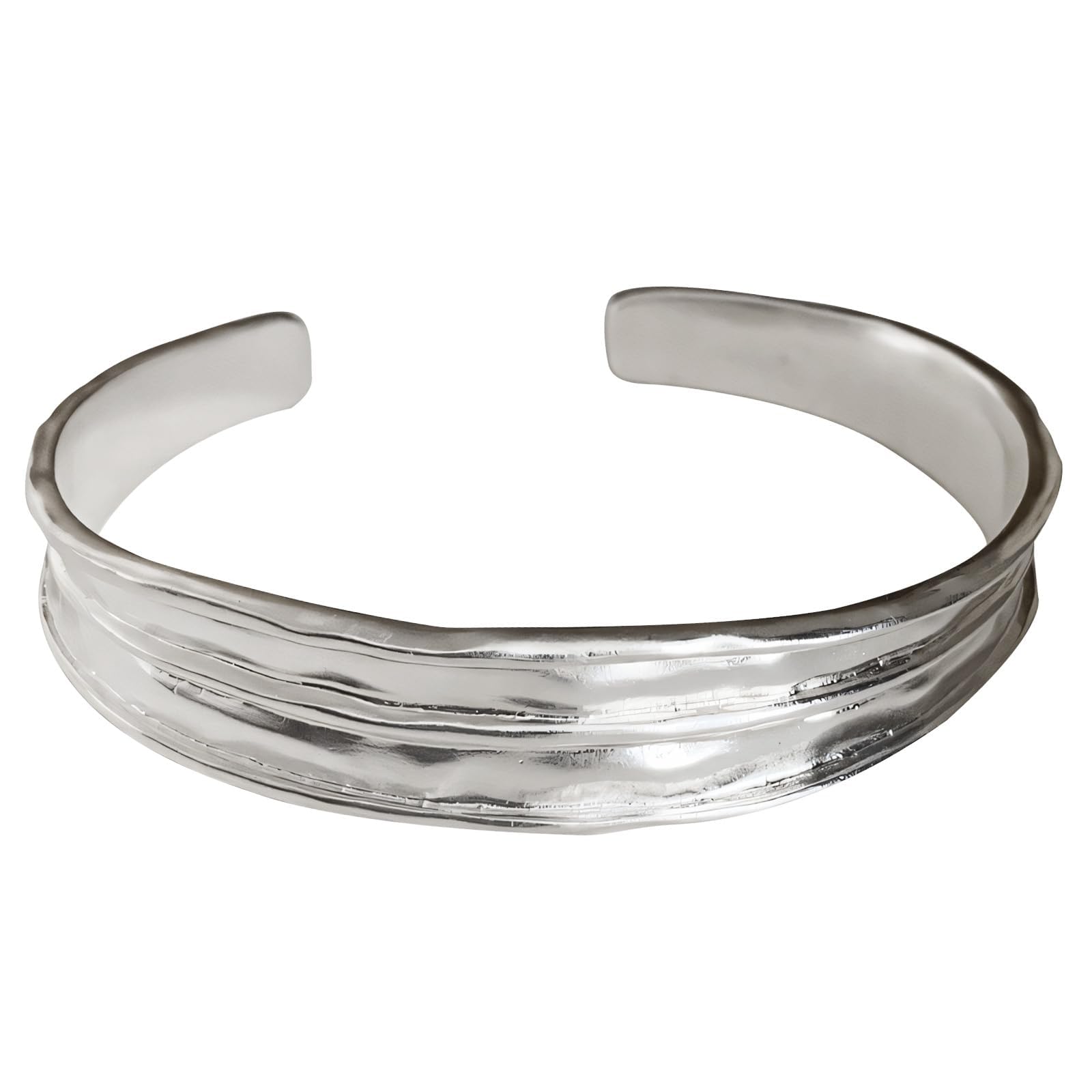 Photo 1 of *small* Handmade 925 Sterling Silver Bangle Bracelets For Women Irregular Hammered Cuff Bangles Texture Bangle Bracelets Open Adjustable Cuff Bangles For Women Wide Band Bangles Simple Statement Bangle Gifts