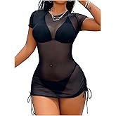 RoseSeek Women's Drawstring Ruched Swimsuit Coverup Short Sleeve Sheer Mesh Beach Dress Bathing Suit Cover Up