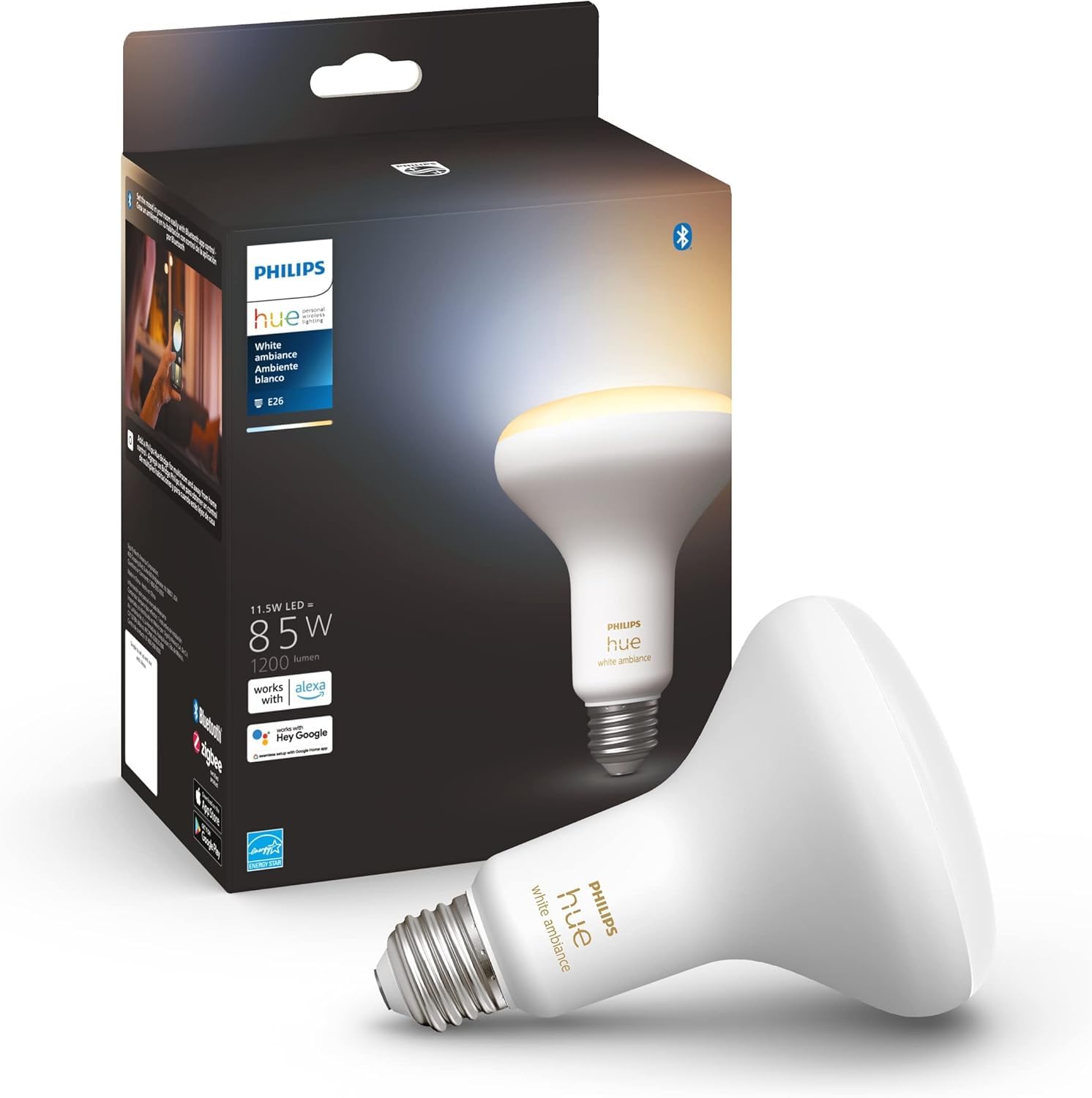 Philips Hue White Ambiance BR30 LED Smart Bulbs (Bluetooth Compatible), Compatible with Alexa, Google Assistant, and Apple HomeKit, 1-Pack Image Philips Hue White Ambiance BR30 LED Smart Bulbs (Bluetooth Compatible), Compatible with Alexa, Google Assistant, and Apple HomeKit, 1-Pack Image