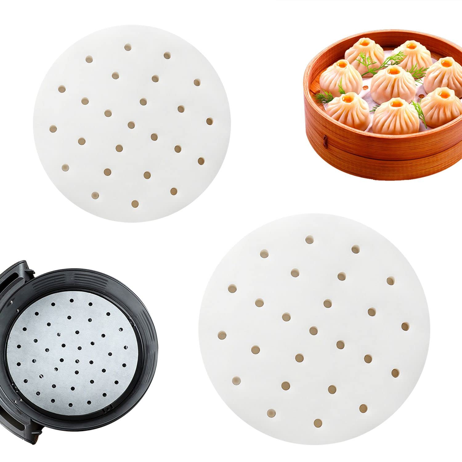 100 Pcs Perforated Baking Paper Nonstick Unbleached Round Air Fryer Liners for Air Fryer, Oven, Cooking, 20cm and 23cm
