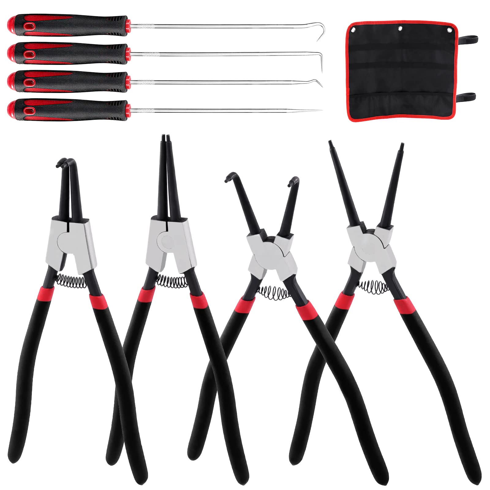 Glarks 9Pcs 13” Snap Ring Pliers Set, 4Pcs Internal/External Circlip Pliers Retaining Ring Pliers and 4Pcs Long Handle Hooks with 1pc Storage Bag