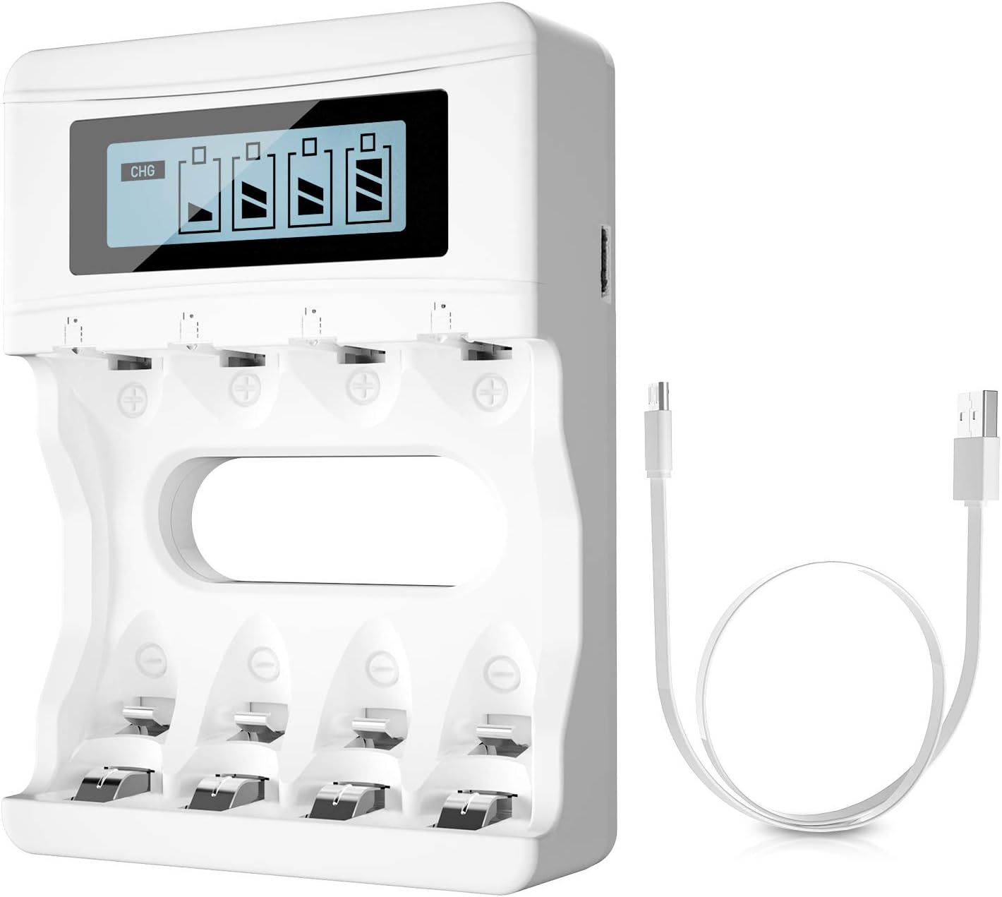 BONAI 4 Bays AA AAA Ni-MH Ni-CD Battery Charger, LCD Display Smart Charger With Unique USB Design(Micro USB Cable Included)