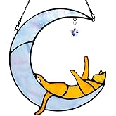 HAOSUM Orange Cat on Moon Stained Glass Suncatchers Star Crystal Decor,Rainbow Stained Glass Window Hangings,Funny Cat Lover Themed Gifts for Women Mom