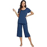 WiWi Pajamas for Women Super Soft Pajama Sets Cooling Short Sleeve Top Capri Pants Viscose from Bamboo Sleepwear Pjs S-4X