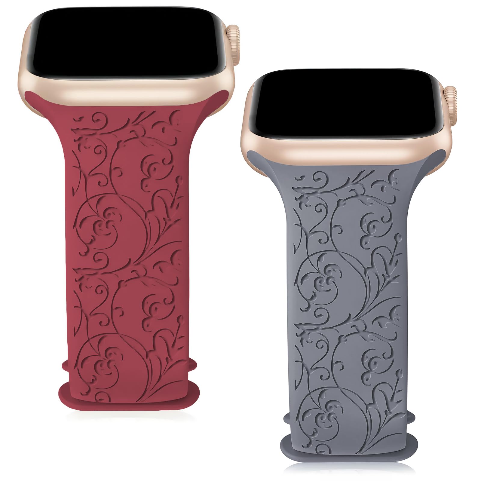 Floral Totem Engraved Apple Watch Strap 2-Pack - Soft Silicone Wristband, Fits 38mm-45mm, for Apple Watch SE/Ultra/Series 1-9 (38MM/40MM/41MM, Wine Red & Lavender)
