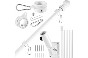 BONWIN White Flagpole Kits, 6 FT Thickened Stainless Steel House Porch Wall Flag Pole Kit for 3x5'/4x6' Flag, 1" Anti-Wrap Spinning Flag Pole Ring Clips & 180° Adjustable Multi-Position Bracket Holder