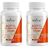 Heivy Acetyl L-Carnitine 500 mg (2 Pack), Amino Acid, Suppots Brain & Nerve Health, Non-GMO, Gluten-Free,180 Capsules