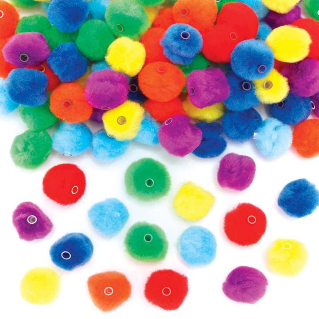 Baker Ross FE324 Rainbow Threading Pom Pom Beads - Pack of 105, Multi Coloured Embellishments for Children's Jewellery Making, Arts Crafts and Crafting Activities