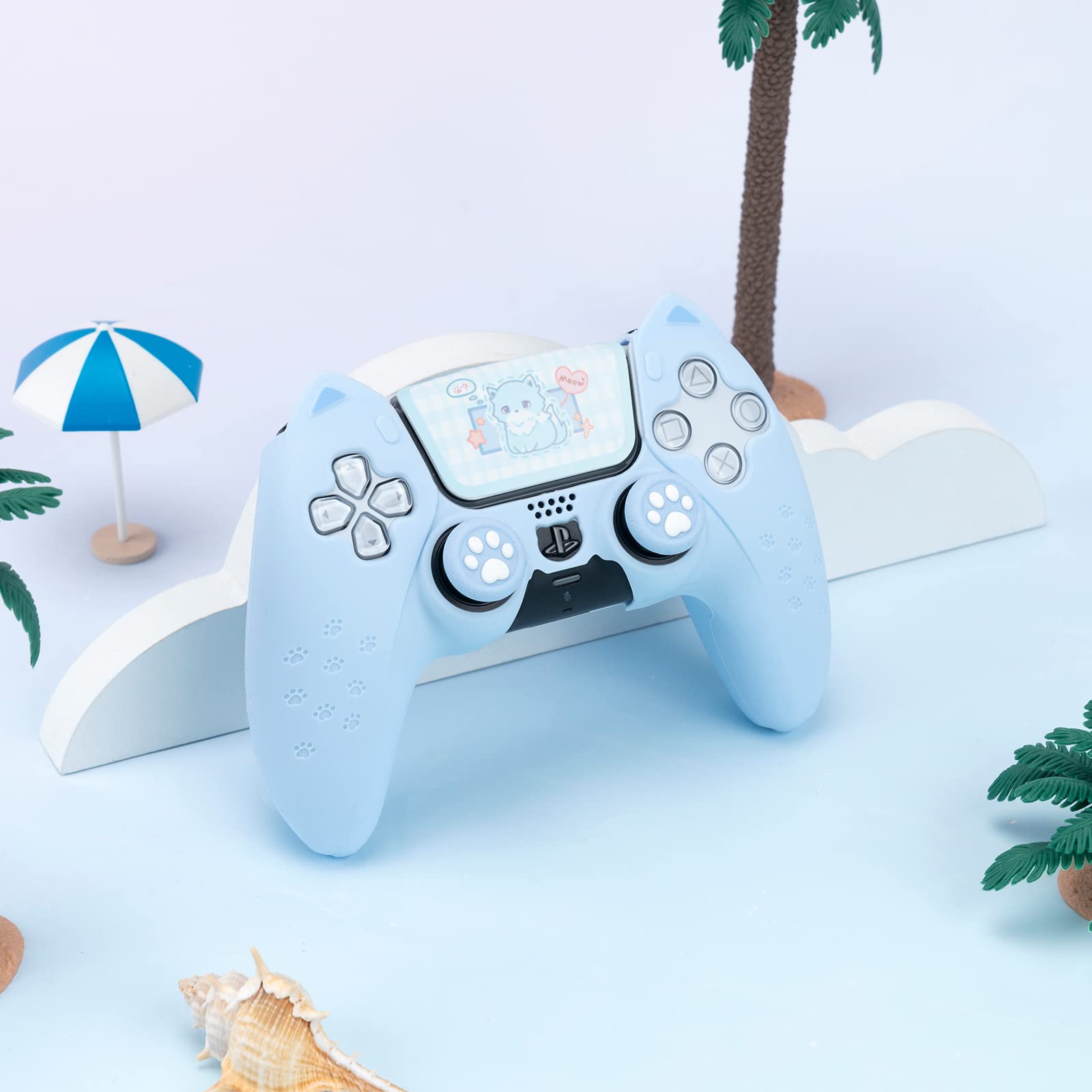 GeekShare Cute Cat Paw PS5 Controller Skin Set Anti-Slip Silicone Protective Cover Skin Case for PS5 Wireless Controller with 2 Thumb Grip Caps and 1 Sticker (Blue)
