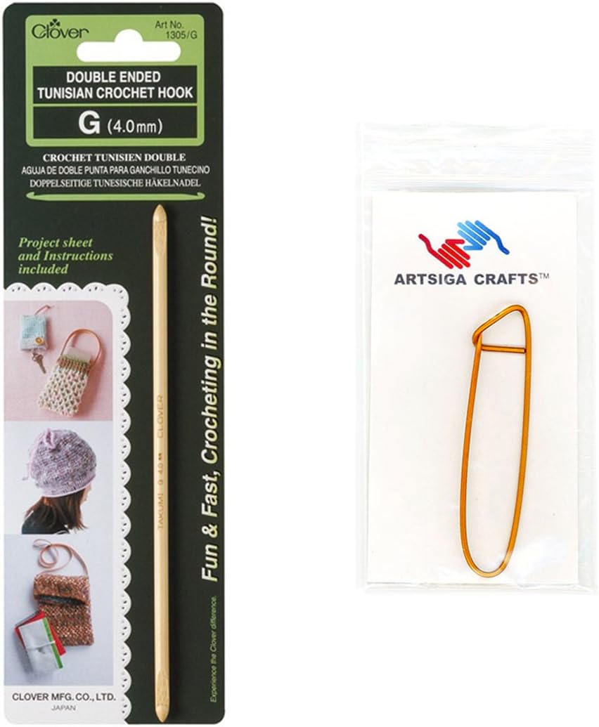 Clover Needlecraft Double Ended Tunisian Crochet Hook G/4mm Bundle with 1 Artsiga Crafts Stitch Holder 1305/G