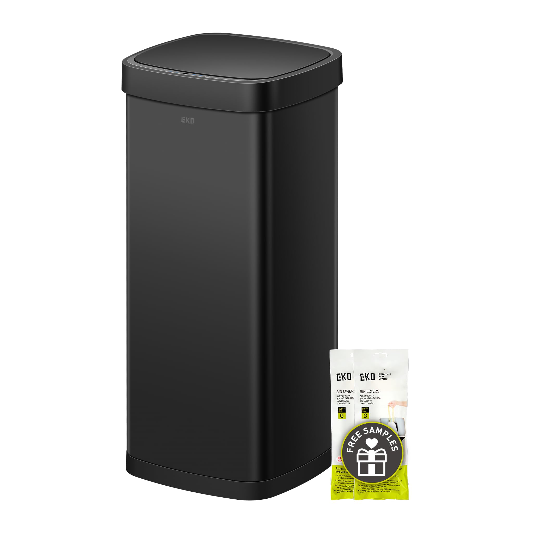 Photo 1 of **DENTED** EKO EcoSmart 80L / 21.1 Gallon Motion Sensor Trash Can – Tall, Large Touchless Automatic Kitchen Garbage Bin with Soft-Close Lid for Home or Office, Brushed Stainless Steel, Matte Black