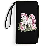 Floral Un-icorn Wallet for Men Women Clutch Leather Wristlet Purse Card Holder with Grip Hand Strap