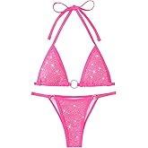 Women's Sparkly Rhinestone Halter Triangle O Ring Top String Thong High Cut Bottom 2 Pieces Bikini Swimsuit Set