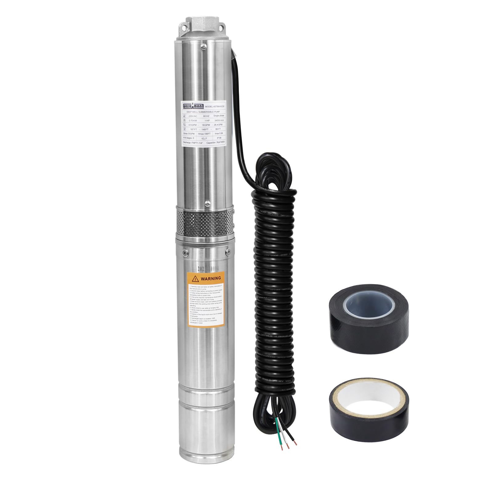Photo 1 of *Scratches* WASSERMANN 4" Deep Well Submersible Pump with 10FT Cable, 1HP, 230V/60HZ, 33GPM, 190FT Head, Stainless Steel Submersible Well Pumps Borehole Water Pump for Home, Factories, Irrigation, Farmland