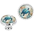 Elohiym 6 Pack Silver Drawer Pulls, Blue Sea Turtle Nautical Map Cabinet Knobs Crystal Glass Dresser Knobs for Kitchen Bathroom Hardware