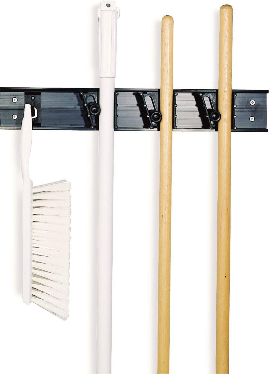 Photo 1 of Carlisle FoodService Products Roll 'N Grip Plastic Broom Holder Wall Mount, Bathroom Organizer, Kitchen Organizer with Quick Release for Kitchen, Restaurant, Home, 1.75 Inches, Black, (Pack of 12)