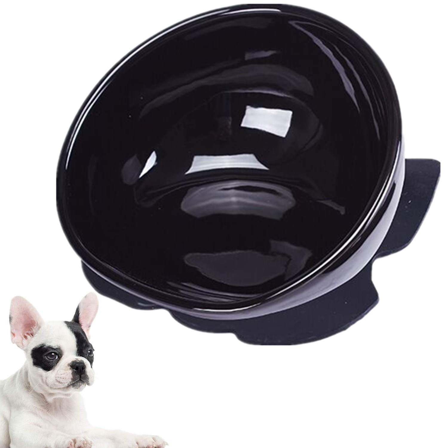 Bulldog Bowl Ceramic Dog Food Bowl - Dog Cat Dish Wide Mouth Dog Bowl Pet Sterile Tilted Pet Feeder with Anti-Skid Rubber Mat (Black bowl（Only bowl）, 1.5 CUP)