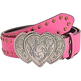 Flimire Women Western Belt Heart Buckle Leather Belt for Jeans Pants Dresses Vintage Y2K Cowgirl Cowboy Belt